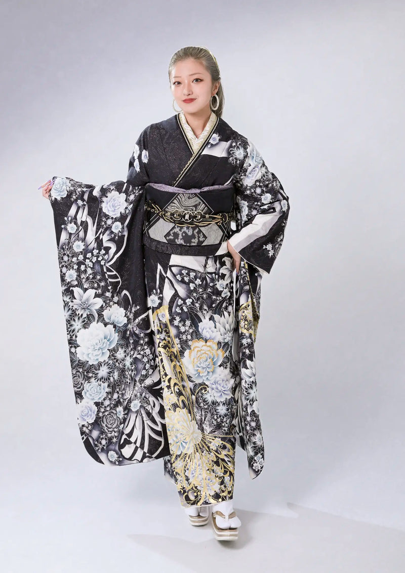 【振袖ネットレンタル：黒に百花繚乱】輝く花々/C-200