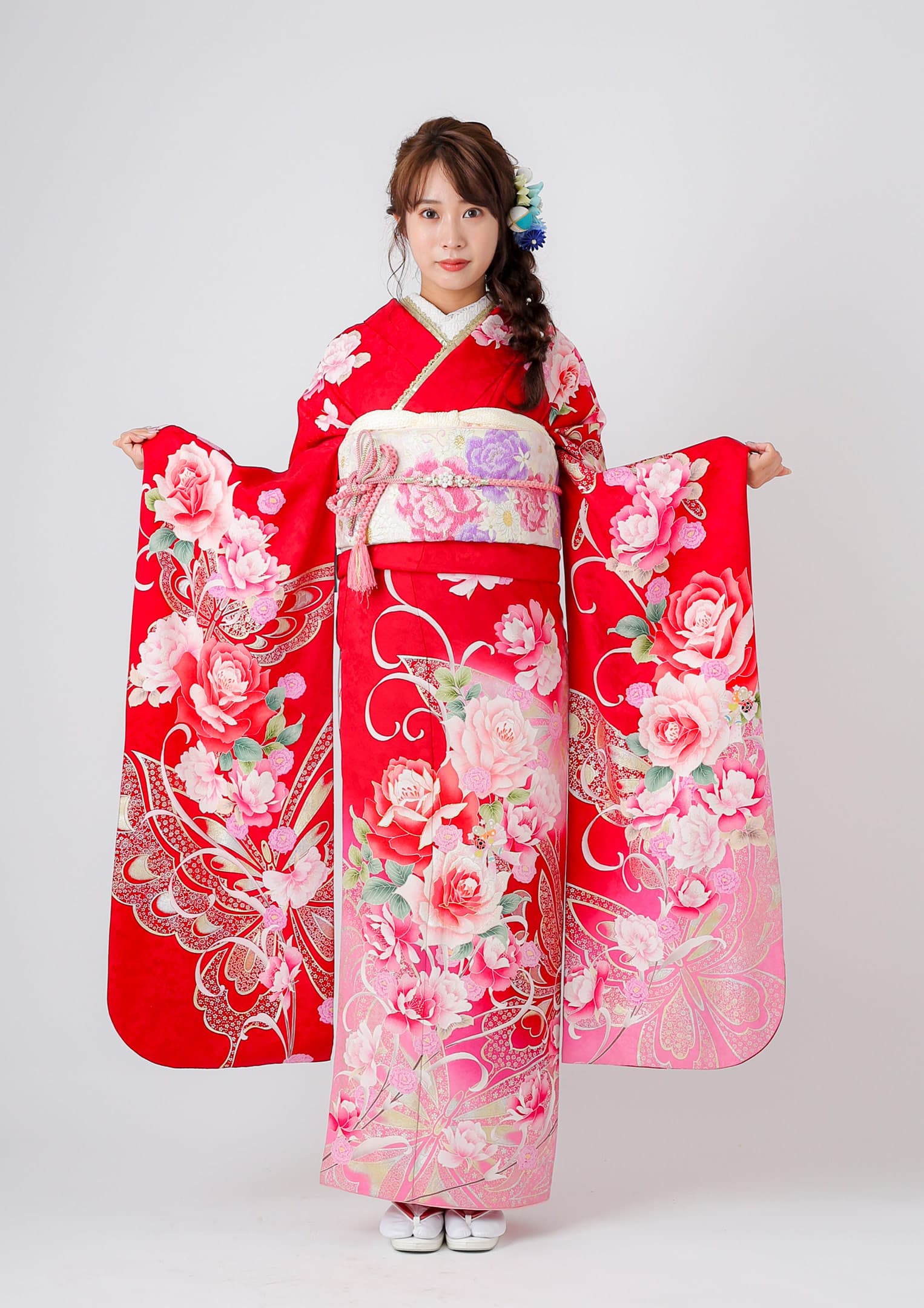 ⭐︎K0816 美品 正絹 振袖 レンタル店放出品 ガード加工 花柄 赤 9号 ⭐︎K0816 美品 正絹 振袖 レンタル店放出品 ガード加工 花柄 赤 9号
