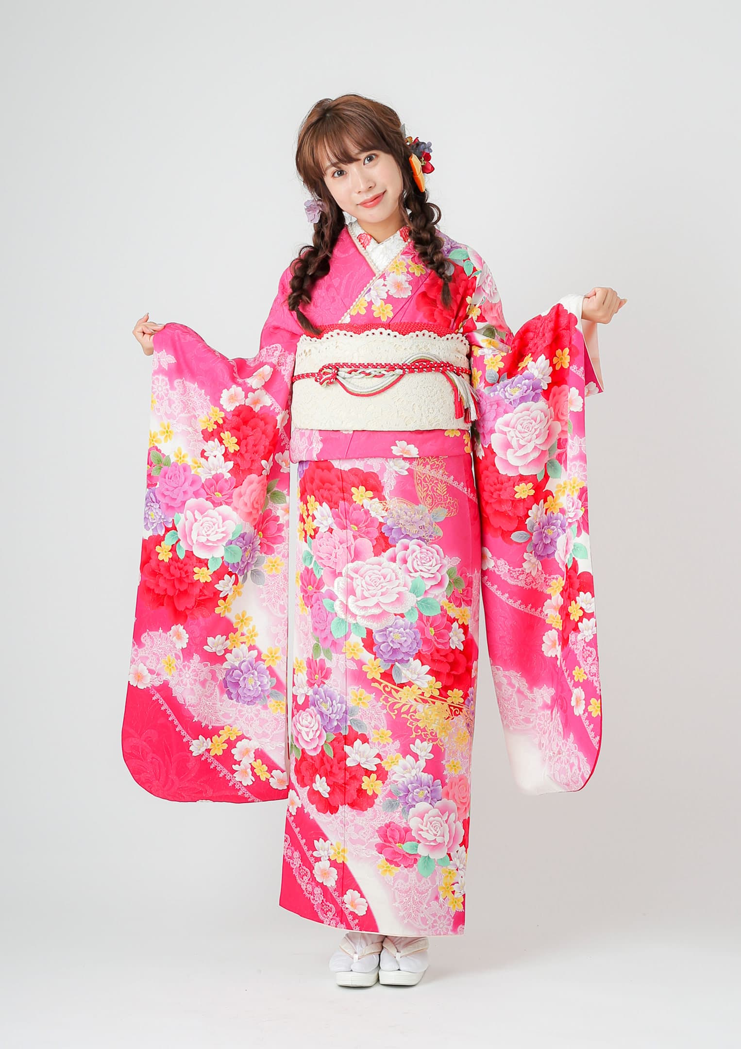 振袖ネットレンタル：ロマンティックガーリー】白レース×ピンク