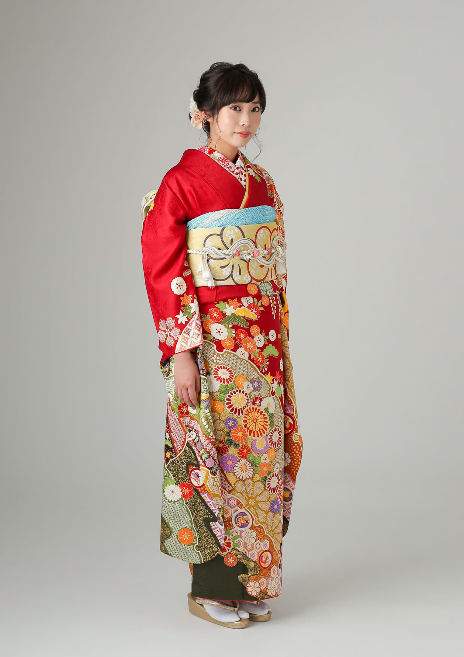 342 振袖フルセット 正絹 オフホワイト 白 橙 赤 金彩 暈し染め 長身さん 342 振袖フルセット 正絹 オフホワイト 白 橙 赤 金彩 暈し染め 長身