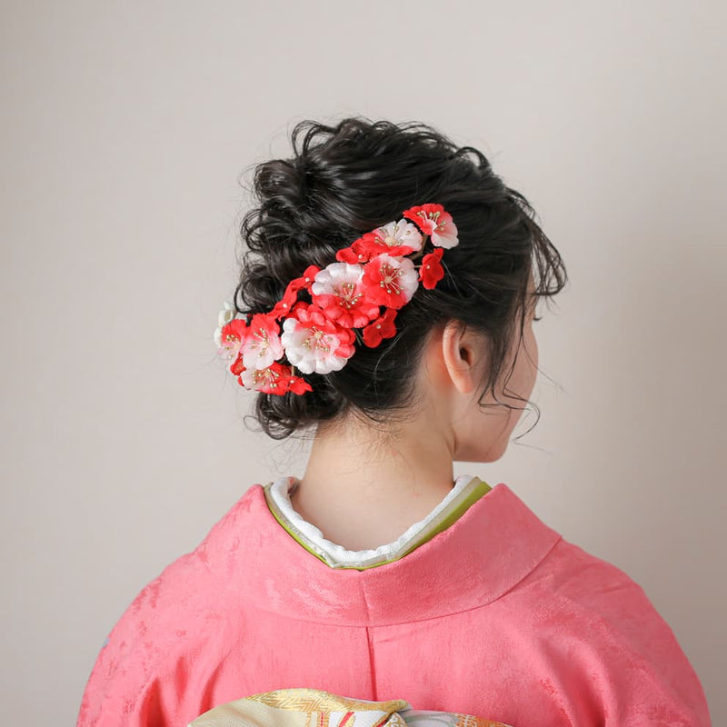 【髪飾り：和風な赤と白の花が古典にピッタリ】hair-54