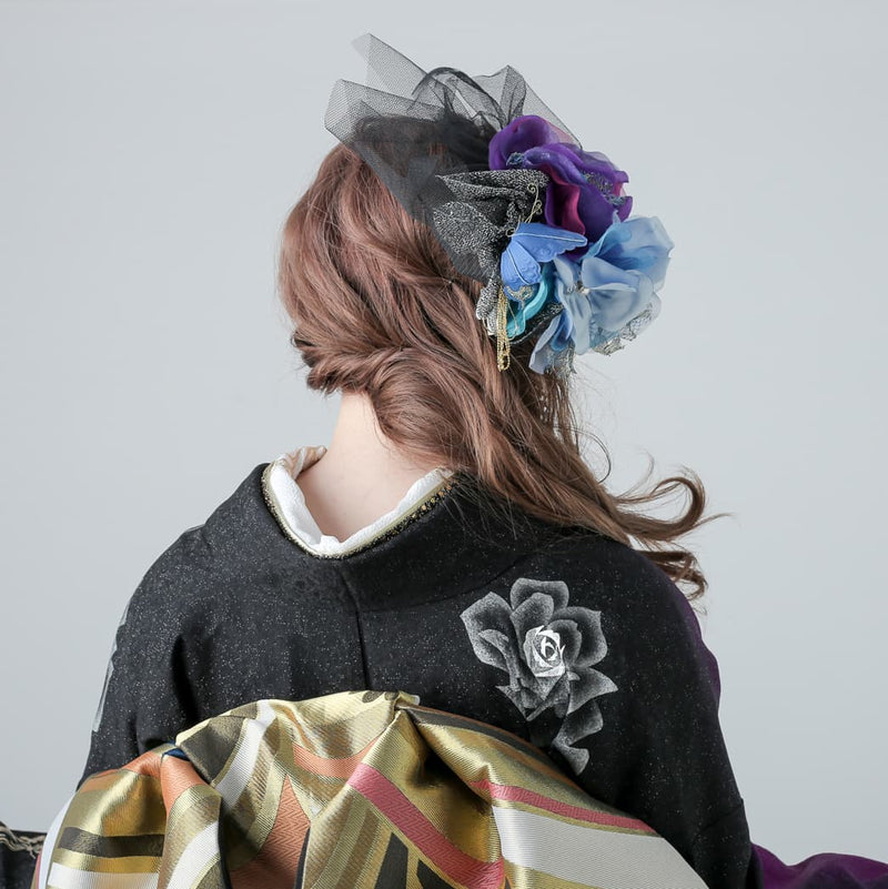 【髪飾り：青や紫の花にチュールやリボンを組み合わせて豪華に】hair-58