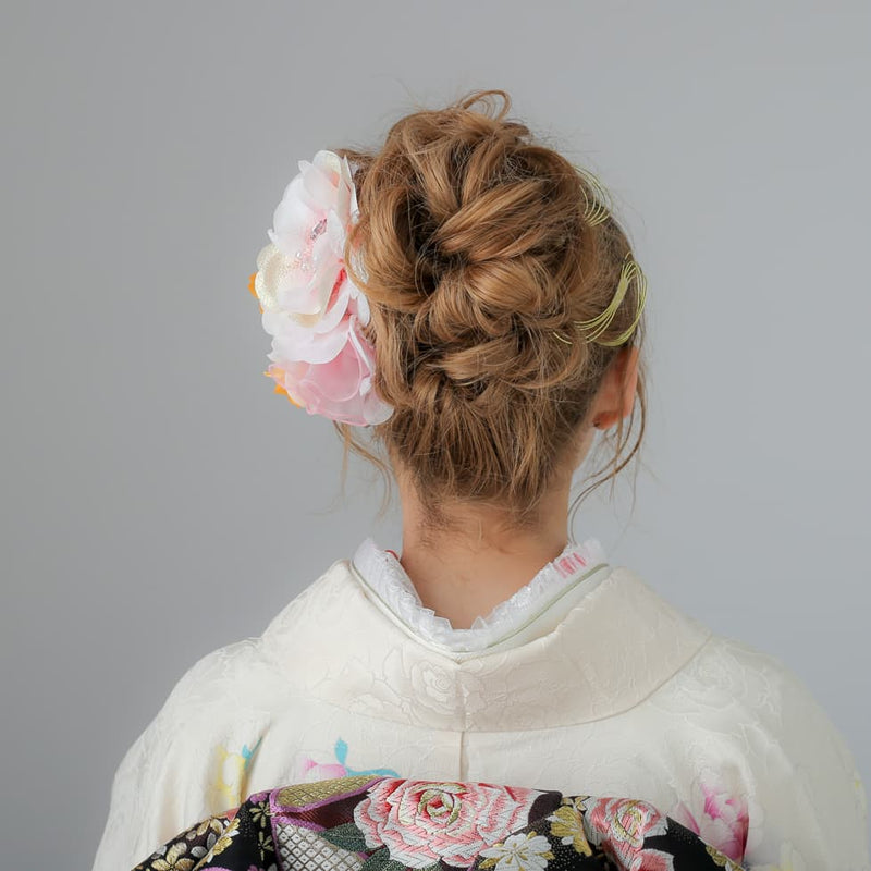 【髪飾り：じゅわっとピンクの大きい花に水引をプラスした豪華セット】hair-69