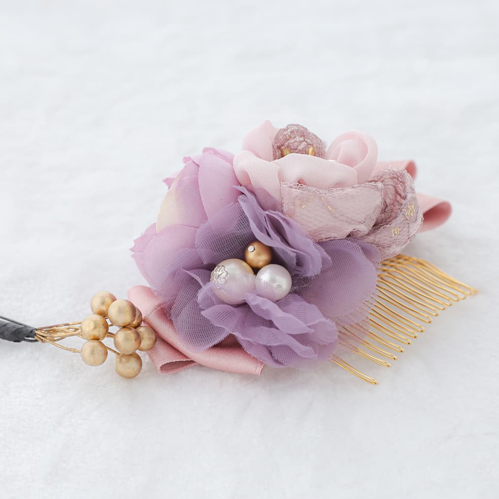 髪飾り販売：成人式・卒業式に！くすみピンクにパステルな紫の花が今っ