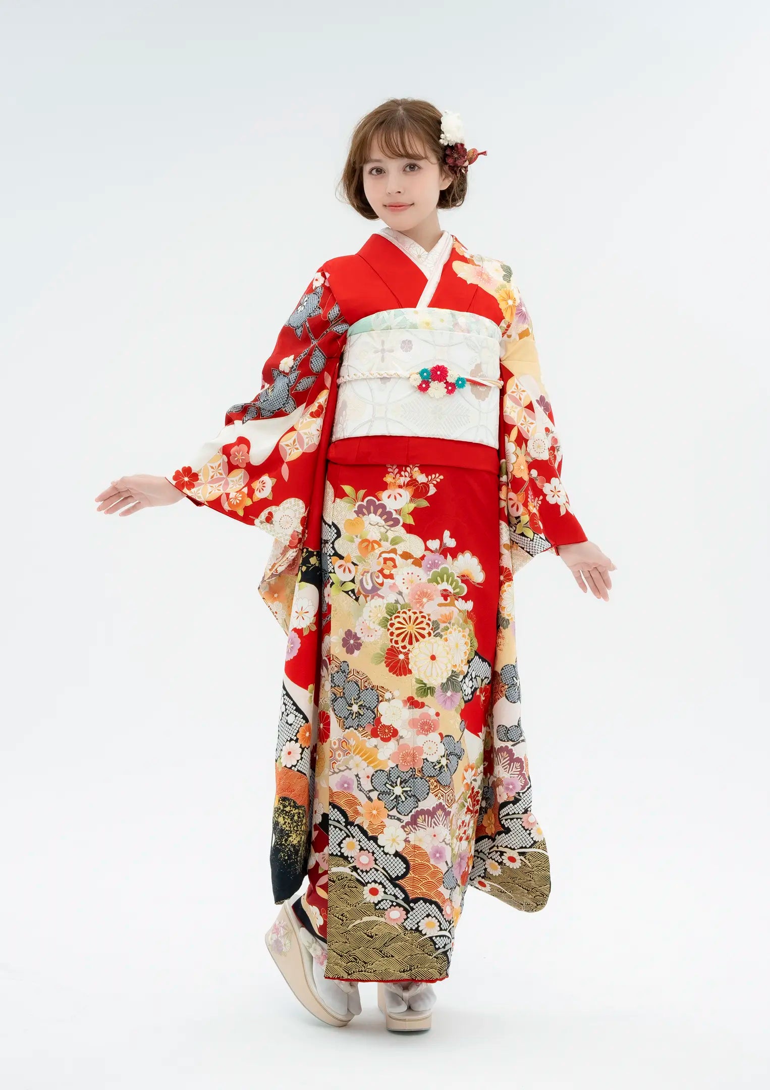 振袖ネットレンタル:明るい赤色で豪華に 】美しい古典柄/KH-547 振袖ネットレンタル:明るい赤色で豪華に 】美しい古典柄/KH-547