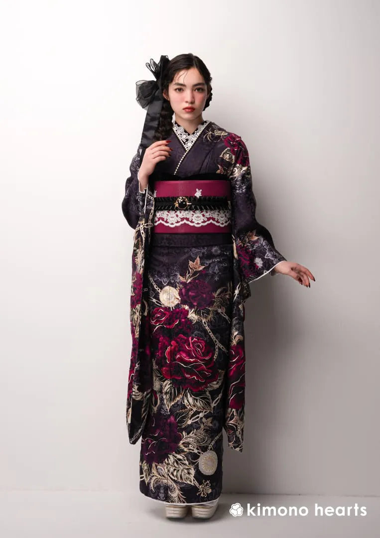 【振袖ネットレンタル：パンクゴシック】妖しく魅惑的な黒色振袖/KH-572