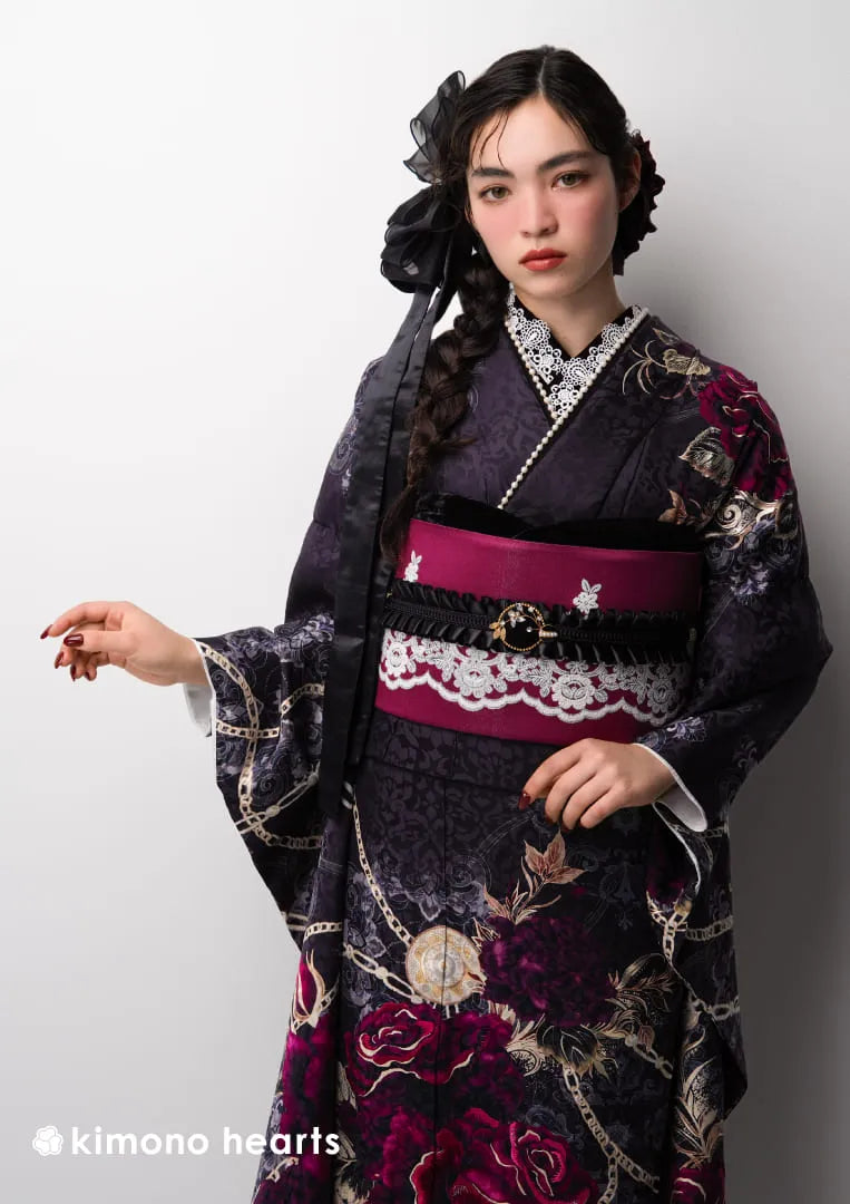 【振袖ネットレンタル：パンクゴシック】妖しく魅惑的な黒色振袖/KH-572