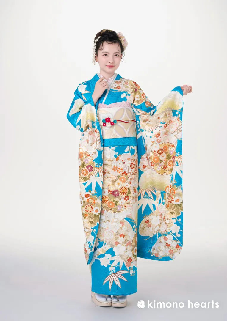 【振袖ネットレンタル：夏の青】華やかに愛らしく/KH-585