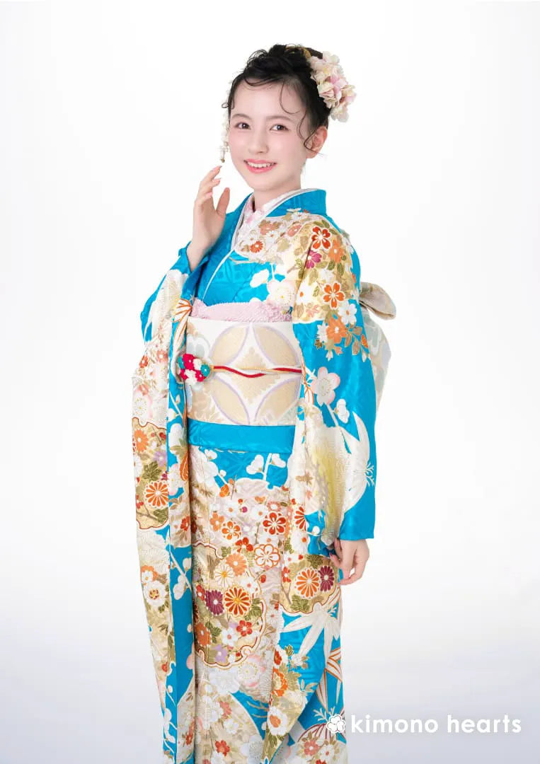 【振袖ネットレンタル：夏の青】華やかに愛らしく/KH-585