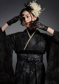 【袴ネットレンタル：黒の花柄セットアップ】ローリーズファームの袴/NLN-61