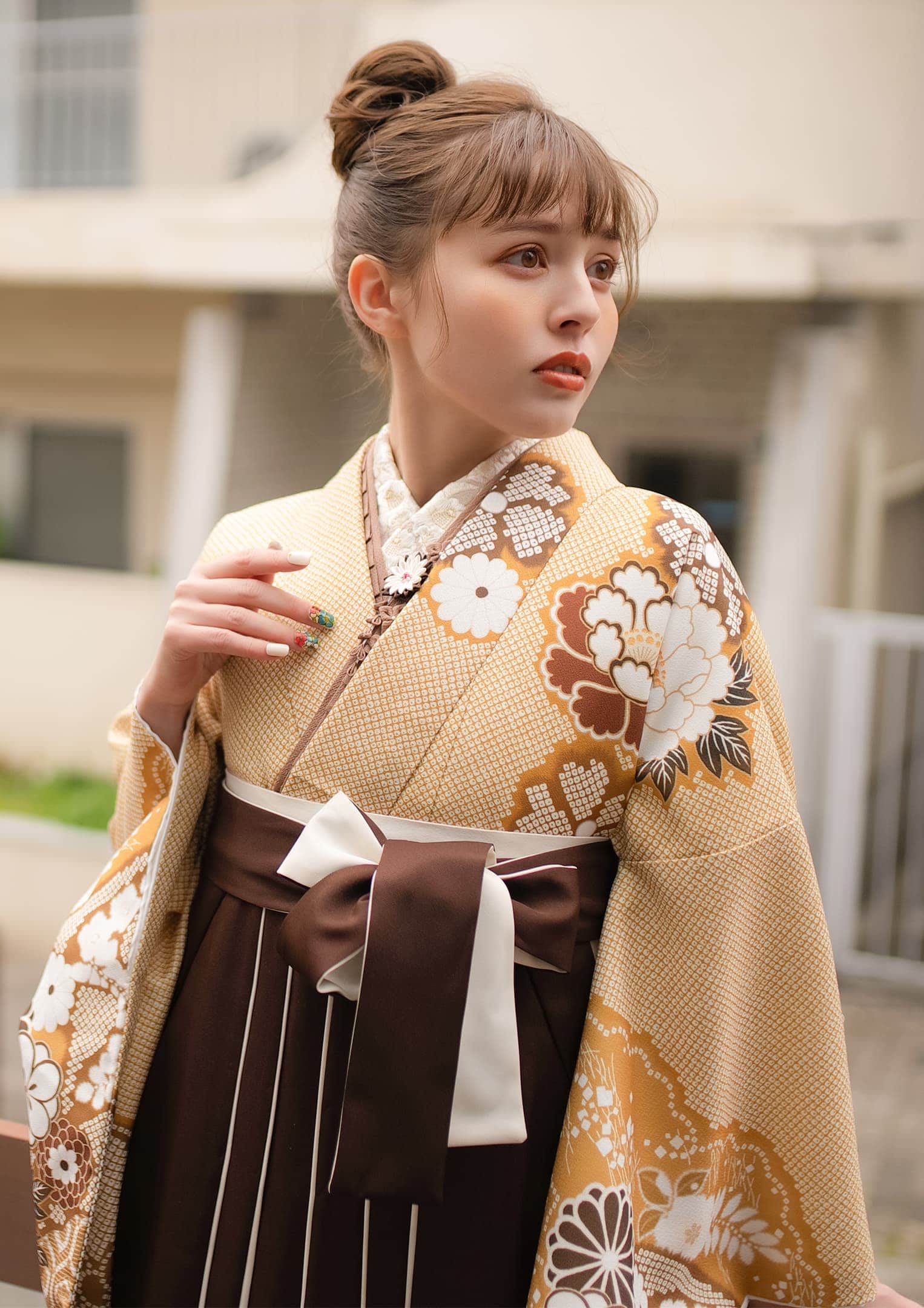 袴ネットレンタル：黄色に鹿の子模様】ブラウンの袴で大人っぽく/NW-C1