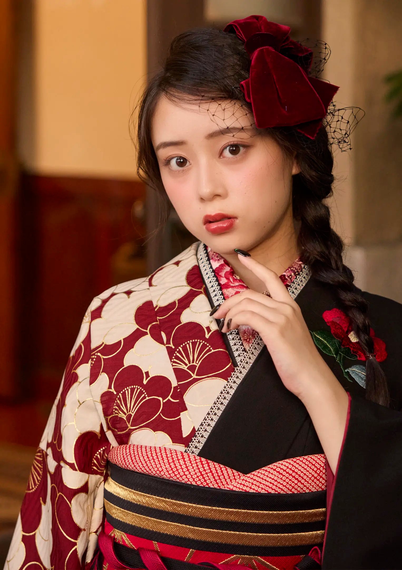 【振袖ネットレンタル：大正浪漫の香り】椿や梅を和洋折衷に魅せる/KH-609