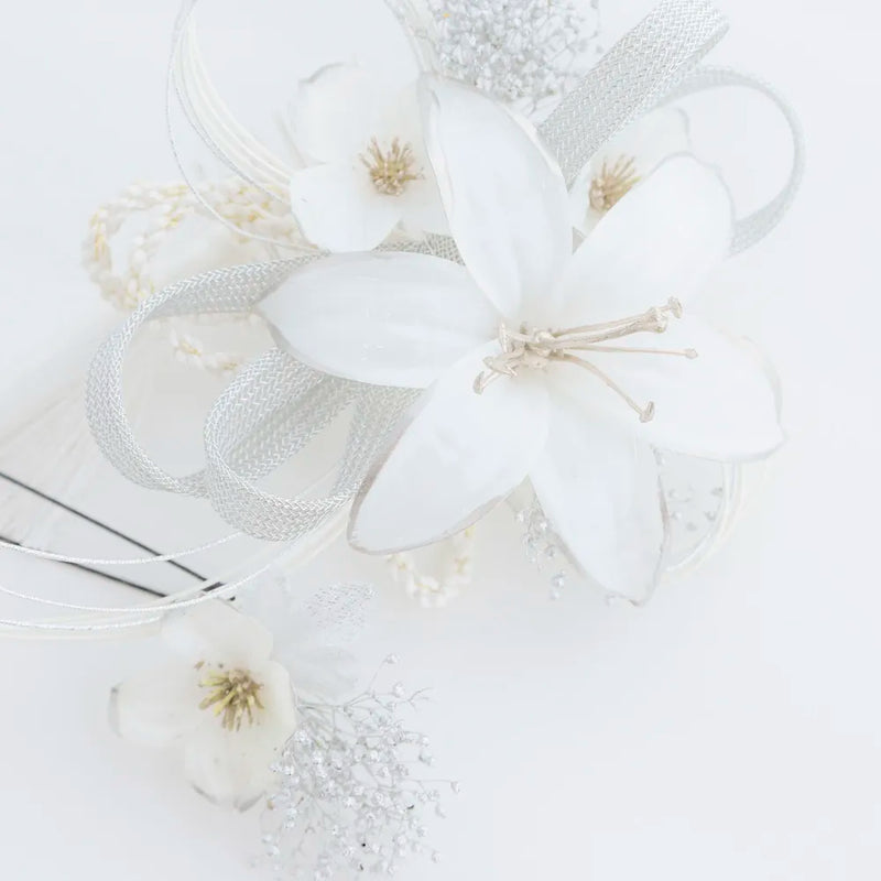 【髪飾り販売：成人式・卒業式に！白百合と水引のホワイト髪飾り2点セット】振袖・袴用和装ヘアアクセサリー/hair-002