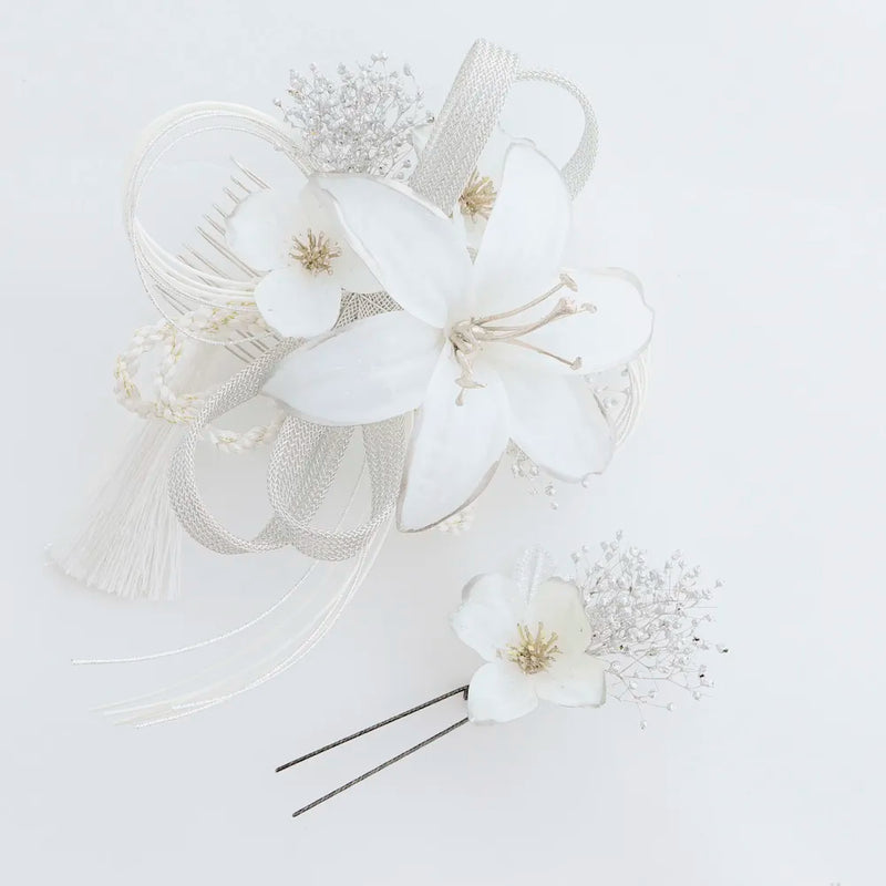 【髪飾り販売：成人式・卒業式に！白百合と水引のホワイト髪飾り2点セット】振袖・袴用和装ヘアアクセサリー/hair-002