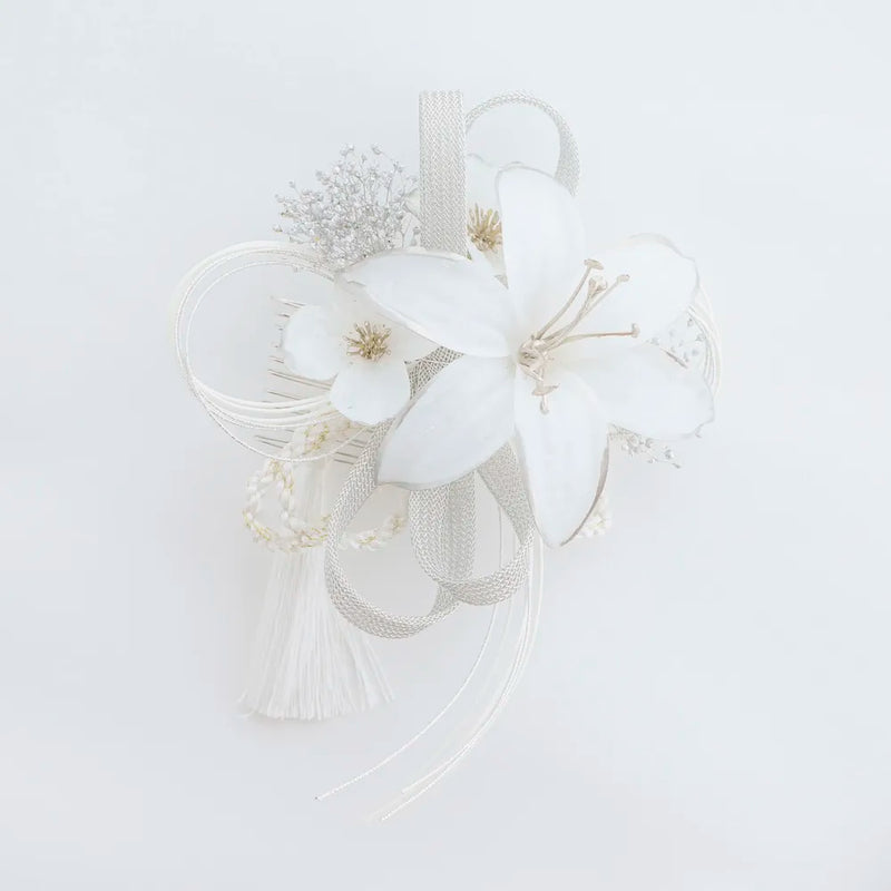 【髪飾り販売：成人式・卒業式に！白百合と水引のホワイト髪飾り2点セット】振袖・袴用和装ヘアアクセサリー/hair-002