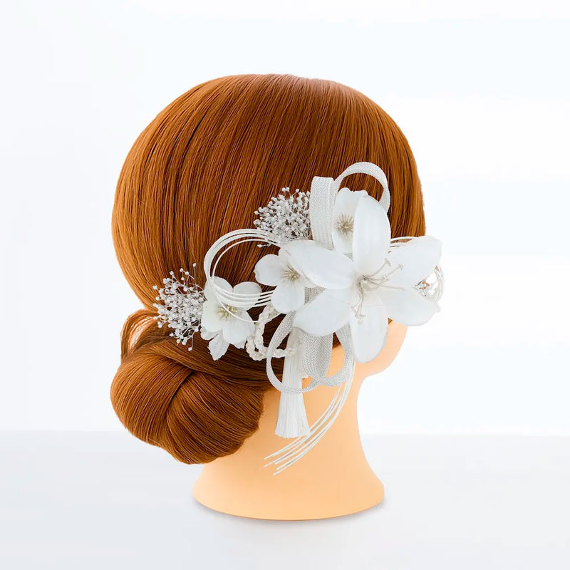 【髪飾り販売：成人式・卒業式に！白百合と水引のホワイト髪飾り2点セット】振袖・袴用和装ヘアアクセサリー/hair-002