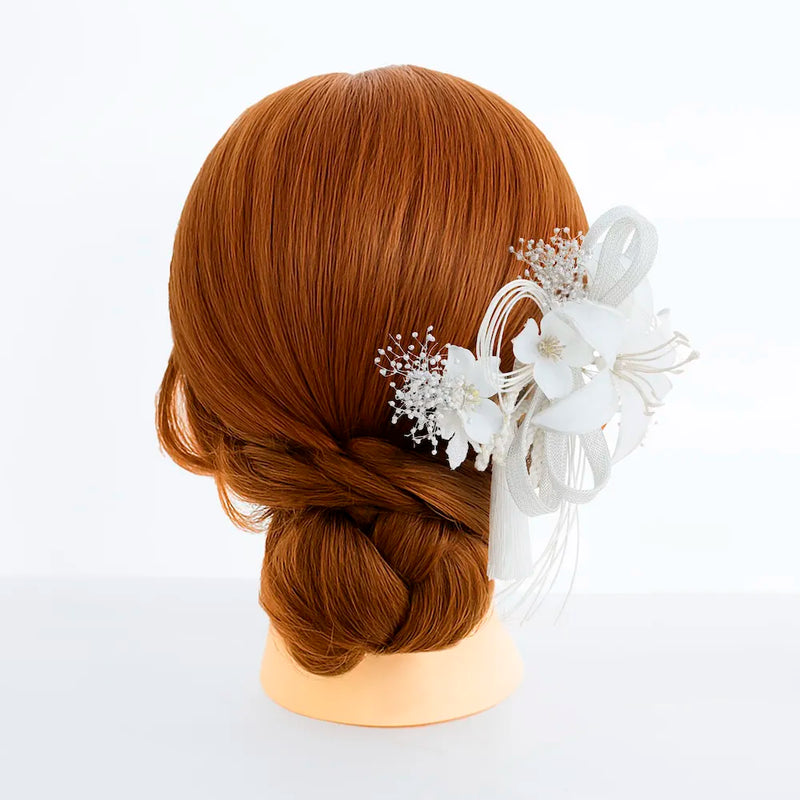 【髪飾り販売：成人式・卒業式に！白百合と水引のホワイト髪飾り2点セット】振袖・袴用和装ヘアアクセサリー/hair-002
