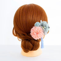 【髪飾り販売：成人式・卒業式に！ミントグリーンとコーラルマムのタッセル付き髪飾りセット】振袖・袴用和装ヘアアクセサリー/hair-003