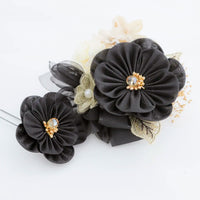 【髪飾り販売：成人式・卒業式に！ブラックフラワーとゴールドレースフラワーの髪飾り2点セット】振袖・袴用和装ヘアアクセサリー/hair-005