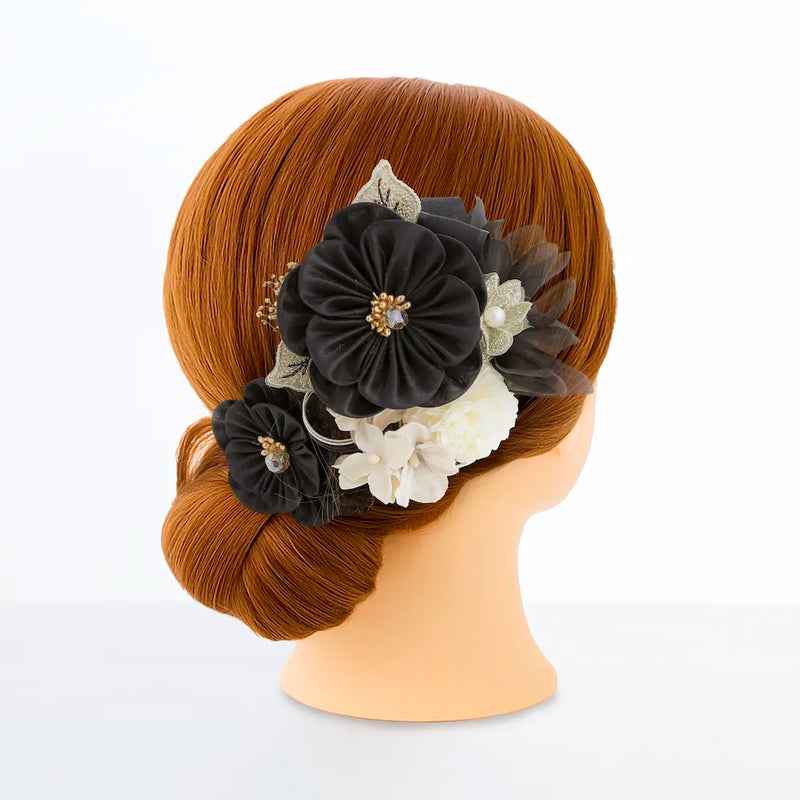【髪飾り販売：成人式・卒業式に！ブラックフラワーとゴールドレースフラワーの髪飾り2点セット】振袖・袴用和装ヘアアクセサリー/hair-005