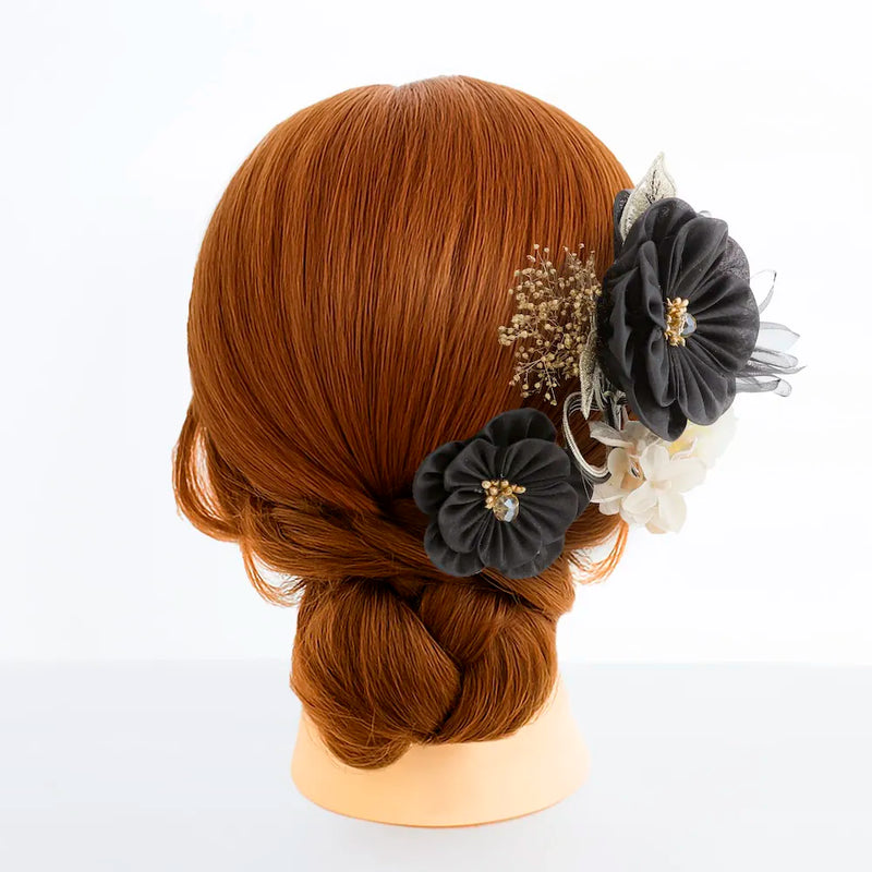 【髪飾り販売：成人式・卒業式に！ブラックフラワーとゴールドレースフラワーの髪飾り2点セット】振袖・袴用和装ヘアアクセサリー/hair-005