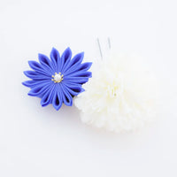 【髪飾り販売：成人式・卒業式に！ブルー＆パープルマムとつまみ風フラワーのタッセル付き髪飾りセット】振袖・袴用和装ヘアアクセサリー/hair-006