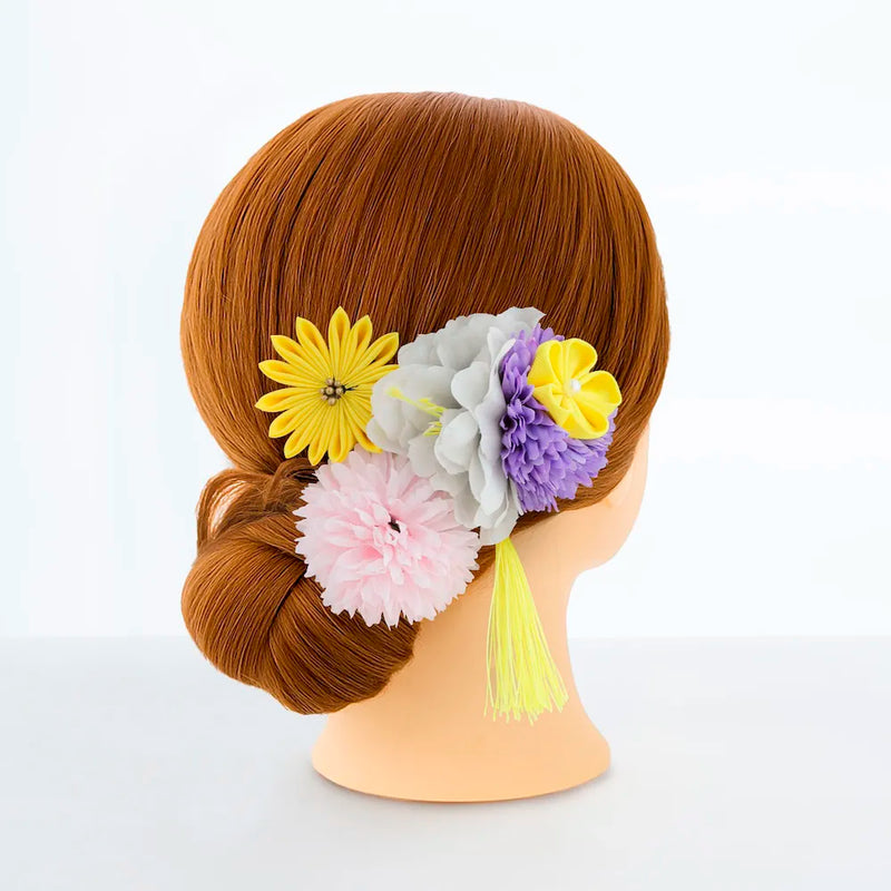 【髪飾り販売：成人式・卒業式に！パープルマムとイエロータッセル付き髪飾りセット】振袖・袴用和装ヘアアクセサリー/hair-007