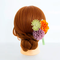 【髪飾り販売：成人式・卒業式に！オレンジマムとグリーンフラワーのタッセル付き髪飾りセット】振袖・袴用和装ヘアアクセサリー/hair-009