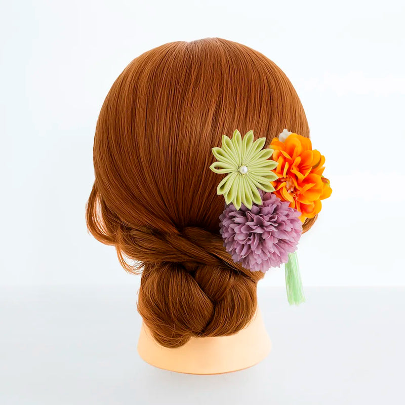 【髪飾り販売：成人式・卒業式に！オレンジマムとグリーンフラワーのタッセル付き髪飾りセット】振袖・袴用和装ヘアアクセサリー/hair-009