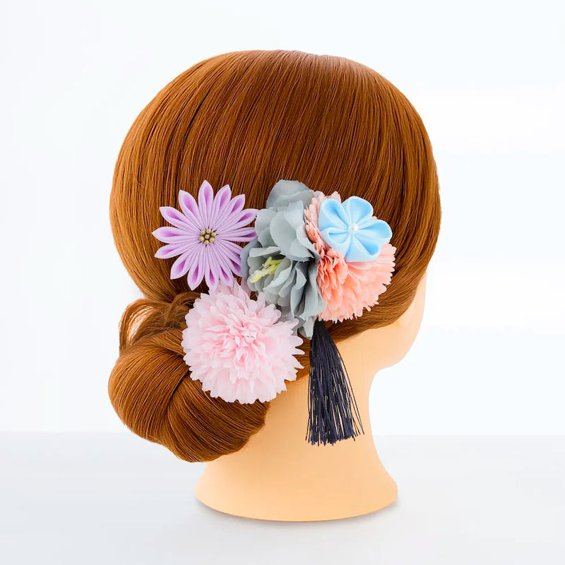 【髪飾り販売：成人式・卒業式に！グレーフラワーとコーラルマムのタッセル付き髪飾りセット】振袖・袴用和装ヘアアクセサリー/hair-012