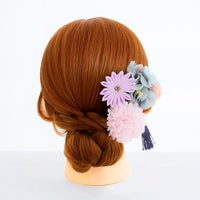 【髪飾り販売：成人式・卒業式に！グレーフラワーとコーラルマムのタッセル付き髪飾りセット】振袖・袴用和装ヘアアクセサリー/hair-012