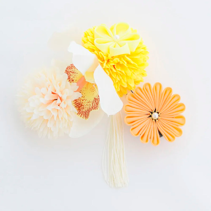 【髪飾り販売：成人式・卒業式に！イエローマムとオレンジつまみフラワーのタッセル付き髪飾りセット】振袖・袴用和装ヘアアクセサリー/hair-013
