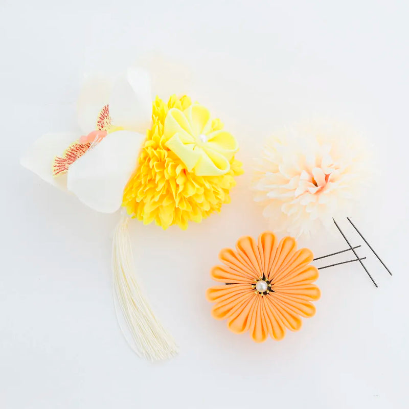 【髪飾り販売：成人式・卒業式に！イエローマムとオレンジつまみフラワーのタッセル付き髪飾りセット】振袖・袴用和装ヘアアクセサリー/hair-013