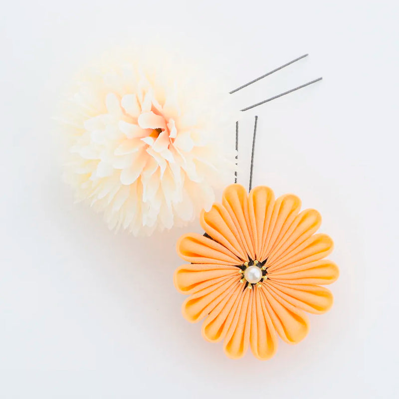 【髪飾り販売：成人式・卒業式に！イエローマムとオレンジつまみフラワーのタッセル付き髪飾りセット】振袖・袴用和装ヘアアクセサリー/hair-013