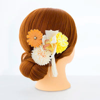【髪飾り販売：成人式・卒業式に！イエローマムとオレンジつまみフラワーのタッセル付き髪飾りセット】振袖・袴用和装ヘアアクセサリー/hair-013
