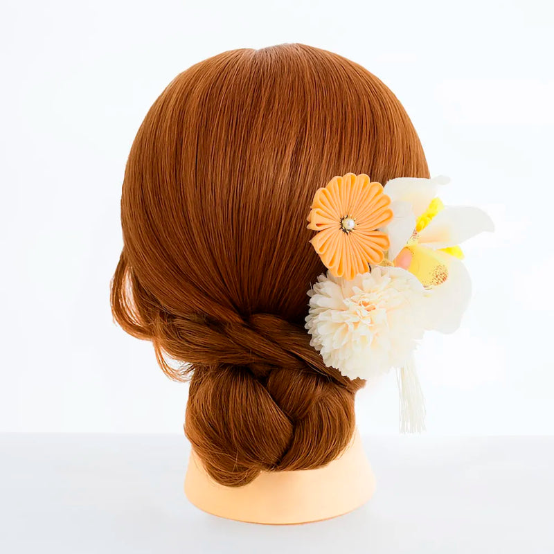【髪飾り販売：成人式・卒業式に！イエローマムとオレンジつまみフラワーのタッセル付き髪飾りセット】振袖・袴用和装ヘアアクセサリー/hair-013