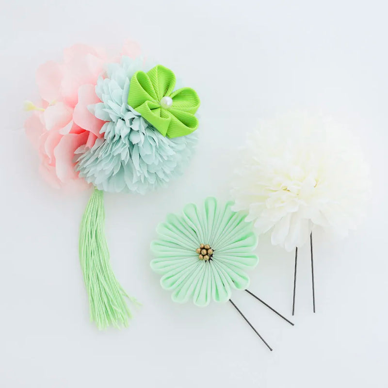 【髪飾り販売：成人式・卒業式に！ミントマムとライトグリーンつまみフラワーのタッセル付き髪飾りセット】振袖・袴用和装ヘアアクセサリー/hair-014