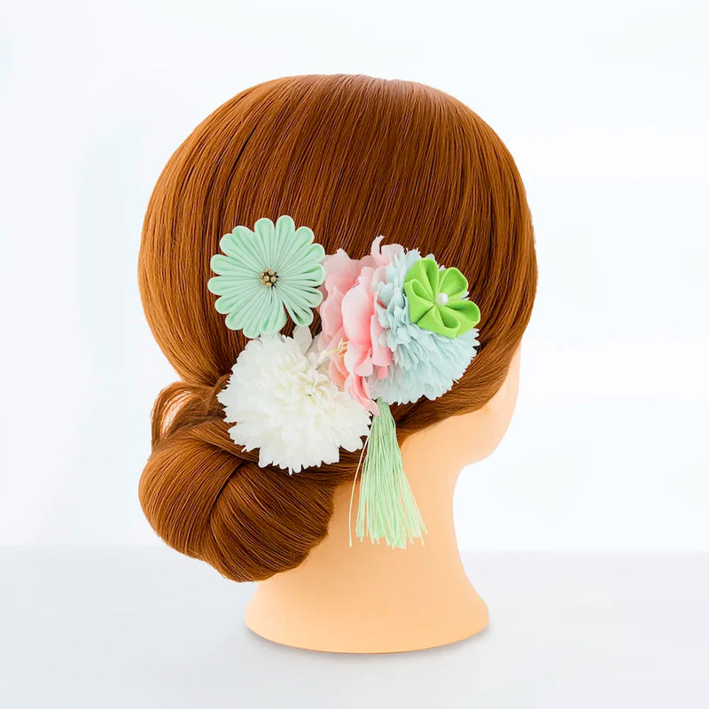【髪飾り販売：成人式・卒業式に！ミントマムとライトグリーンつまみフラワーのタッセル付き髪飾りセット】振袖・袴用和装ヘアアクセサリー/hair-014
