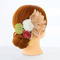 【髪飾り販売：成人式・卒業式に！ベージュフラワーとカーキつまみフラワーのタッセル付き髪飾りセット】振袖・袴用和装ヘアアクセサリー/hair-015