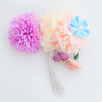【髪飾り販売：成人式・卒業式に！パステルマムと水色リボンフラワーのタッセル付き髪飾りセット】振袖・袴用和装ヘアアクセサリー/hair-017