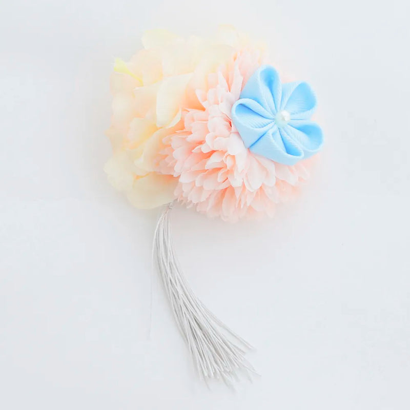 【髪飾り販売：成人式・卒業式に！パステルマムと水色リボンフラワーのタッセル付き髪飾りセット】振袖・袴用和装ヘアアクセサリー/hair-017