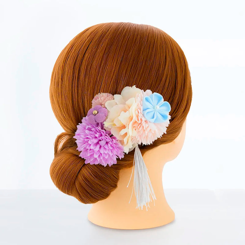 【髪飾り販売：成人式・卒業式に！パステルマムと水色リボンフラワーのタッセル付き髪飾りセット】振袖・袴用和装ヘアアクセサリー/hair-017