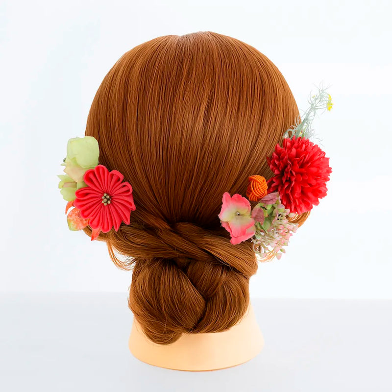 【髪飾り販売：成人式・卒業式に！赤マムとつまみ細工の和洋ミックス髪飾りセット】振袖・袴用和装ヘアアクセサリー/hair-019