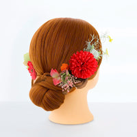 【髪飾り販売：成人式・卒業式に！赤マムとつまみ細工の和洋ミックス髪飾りセット】振袖・袴用和装ヘアアクセサリー/hair-019