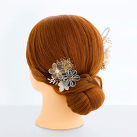 【髪飾り販売：成人式・卒業式に！白×グレーつまみ細工とゴールド飾りの髪飾り2点セット】振袖・袴用和装ヘアアクセサリー/hair-025