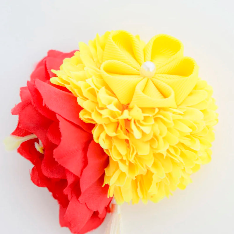 【髪飾り販売：成人式・卒業式に！レッド＆イエローマムとつまみフラワーのタッセル付き髪飾りセット】振袖・袴用和装ヘアアクセサリー/hair-028