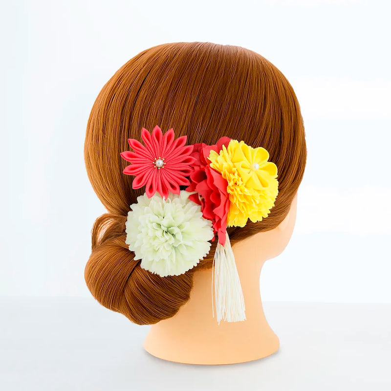 【髪飾り販売：成人式・卒業式に！レッド＆イエローマムとつまみフラワーのタッセル付き髪飾りセット】振袖・袴用和装ヘアアクセサリー/hair-028