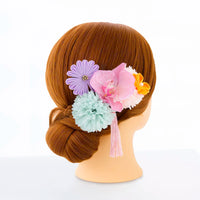 【髪飾り販売：成人式・卒業式に！ピンク胡蝶蘭とオレンジ小花のタッセル付き髪飾りセット】振袖・袴用和装ヘアアクセサリー/hair-030