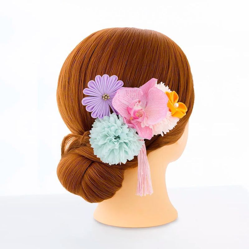 【髪飾り販売：成人式・卒業式に！ピンク胡蝶蘭とオレンジ小花のタッセル付き髪飾りセット】振袖・袴用和装ヘアアクセサリー/hair-030