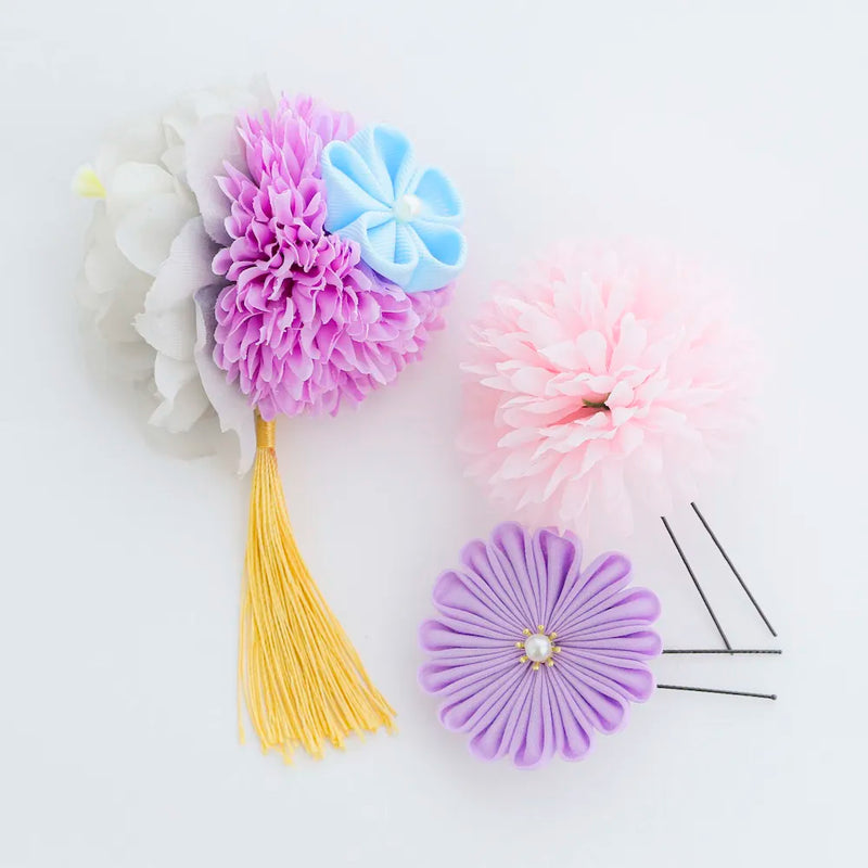 【髪飾り販売：成人式・卒業式に！ラベンダーマムとライトグレー花のタッセル付き髪飾りセット】振袖・袴用和装ヘアアクセサリー/hair-031